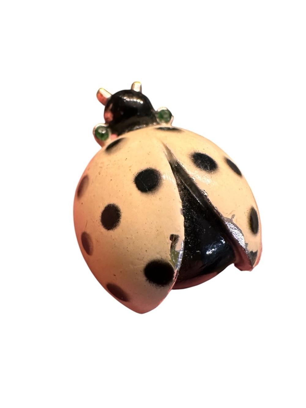 Vintage NEMO Ladybug Brooch Pin White Enamel Black Spots Silver Tone Green - Picture 2 of 4